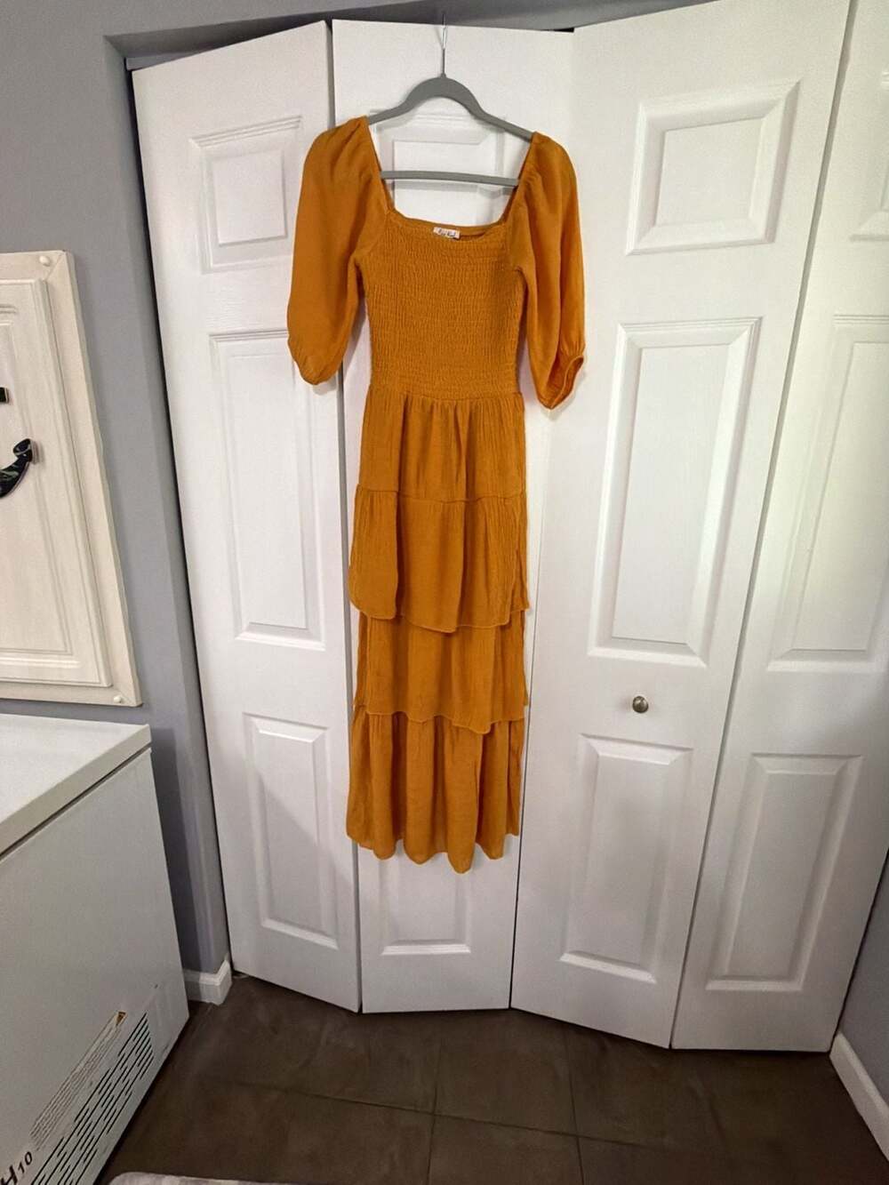 Kings Road Smocked Tiered Mustard Maxi Dress